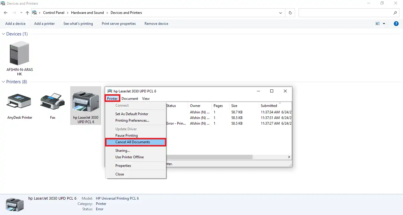پاک کردن دستور پرینت